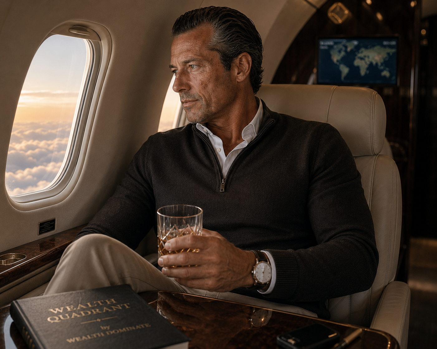Founder on private jet with The Wealth Quadrant book