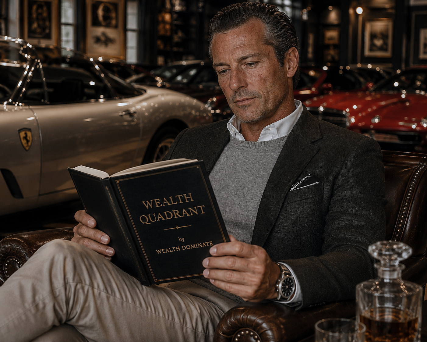 The founder of The Wealth Quadrant standing in a Ferrari garage