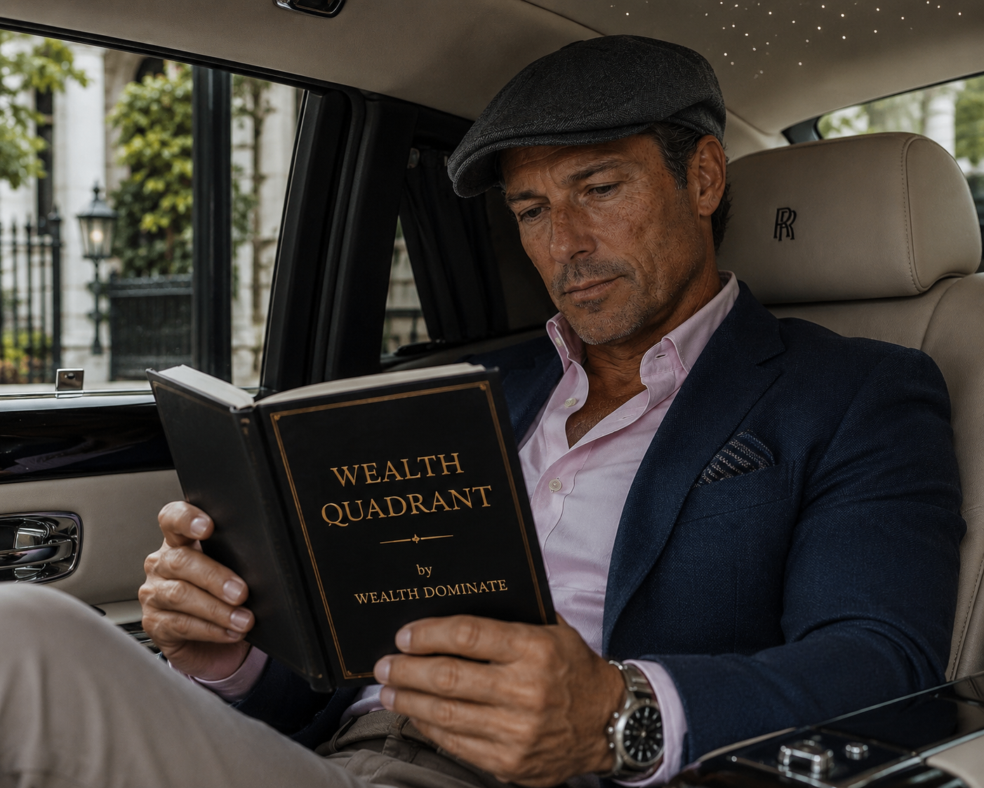 Reader of The Wealth Quadrant in a Rolls Royce